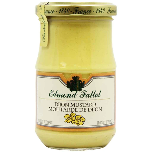 A jar of Gourmet Food Solutions, Inc. Edmund Fallot Dijon Mustards with a label reading "Produit de France" and featuring a yellow floral design. The packaging highlights this artisan mustard as a French delicacy from 1840.