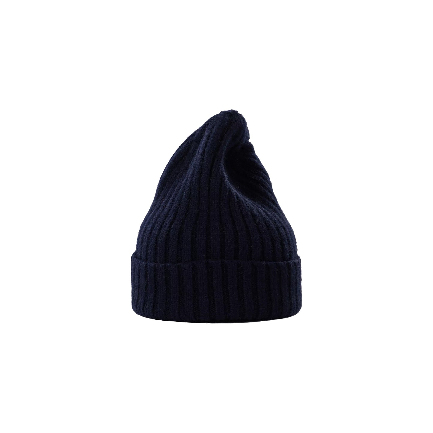 A large black lambswool ribbed knit beanie with a slightly twisted tip by Le Bonnet.