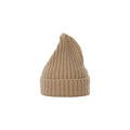 The beige Large Beanie by Le Bonnet features a ribbed texture and folded brim for ultimate comfort against a white background.