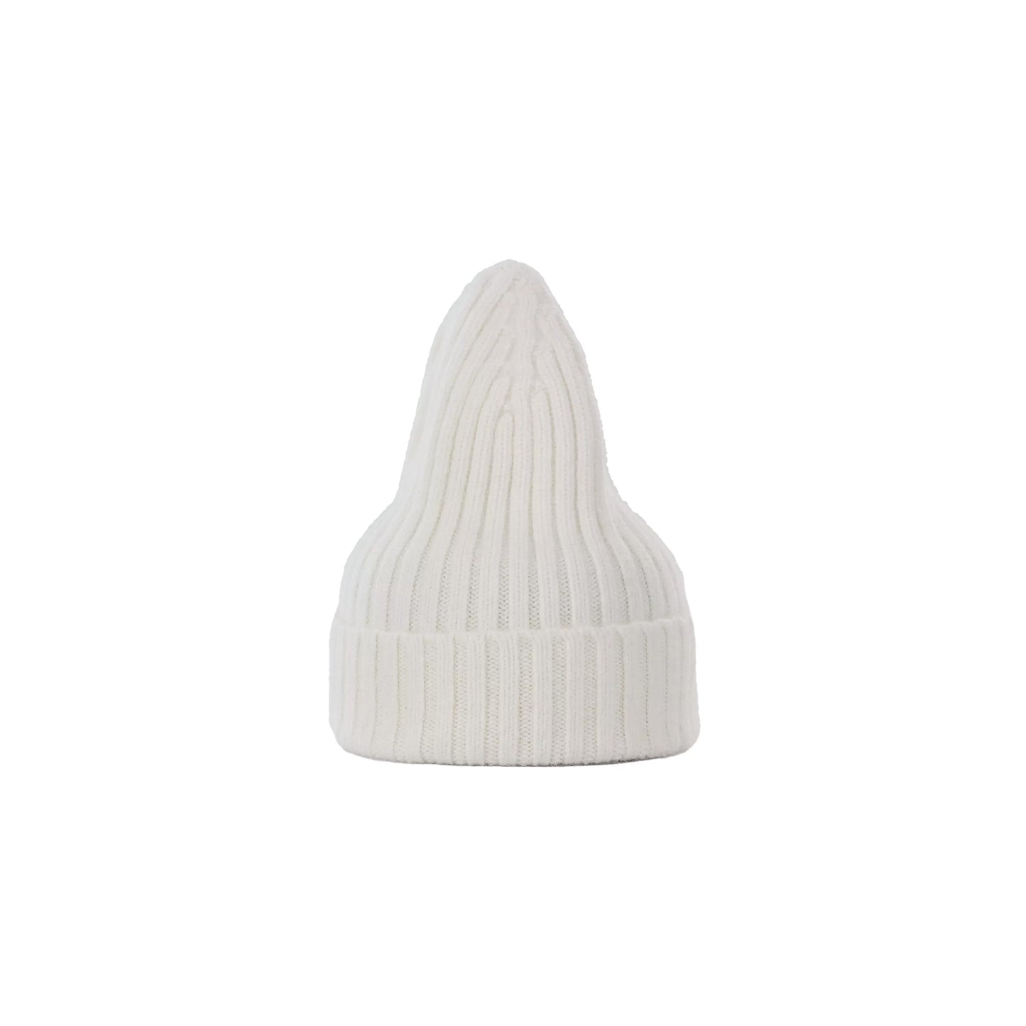 The Le Bonnet Large Beanie, a white ribbed knit hat with a pointed top, offers extreme comfort. Centered on a plain white background, this stylish accessory is ideal for those seeking both warmth and relaxation.