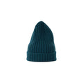 A Large Beanie from Le Bonnet, featuring a ribbed teal design, is showcased upright against a white background, promising extreme comfort with its cozy knit texture.