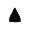 The Large Beanie by Le Bonnet is a black ribbed knit hat with a pointed top, set against a white background, providing extreme comfort.