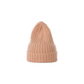 The Large Beanie by Le Bonnet is a beige knitted hat crafted for extreme comfort, featuring a ribbed design and folded brim, combining style with coziness.