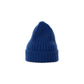 The Large Beanie by Le Bonnet is a blue knit beanie crafted from biodegradable lambswool with a ribbed texture, showcased elegantly against a plain white background.