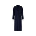 The W Long Boxy Coat Cashmere in navy by Harris Wharf is a luxurious piece featuring a notched lapel, two buttons, and spacious front pockets.