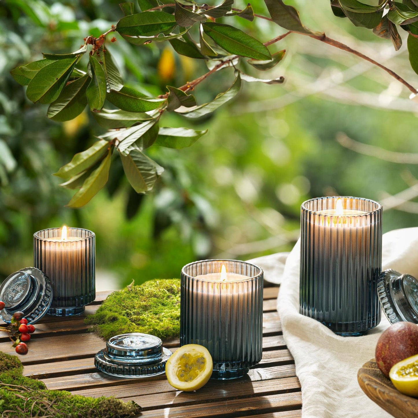 Three lit Amelie - Hey Baies 7oz Candles by La Jolie Muse in glass holders sit elegantly on a wooden table adorned with moss, a lemon slice, and greenery. The soft glow enhances the natural soy wax and subtle patchouli fragrance.