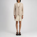 W Stand Up Collar Bicolor Blazer Frize, White & Beige