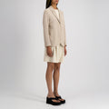 W Stand Up Collar Bicolor Blazer Frize, White & Beige