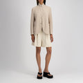 W Stand Up Collar Bicolor Blazer Frize, White & Beige