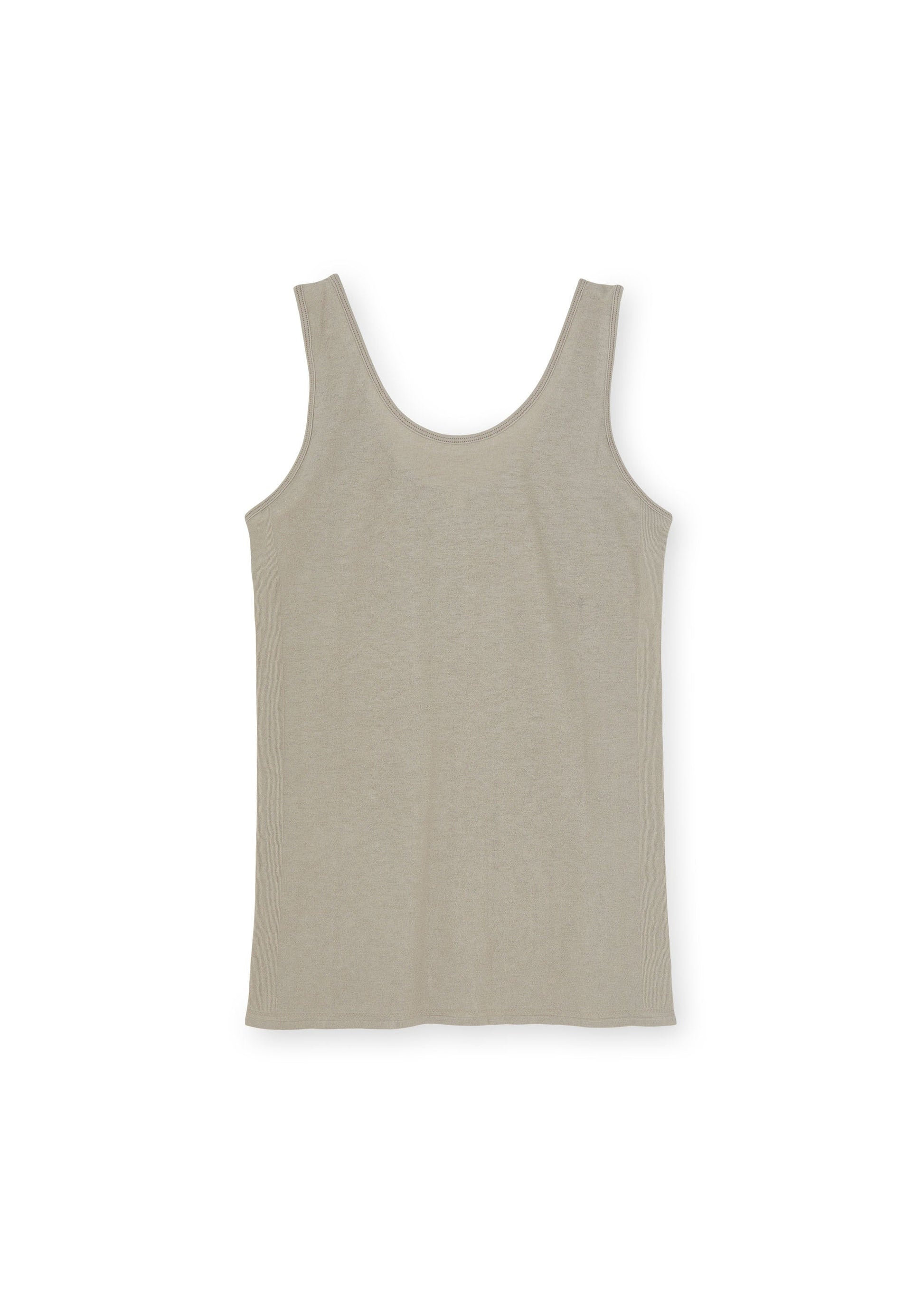 Gentle Tank by Aiayu, a beige sleeveless luxury top made from an organic cotton cashmere blend, laid flat on a white background.