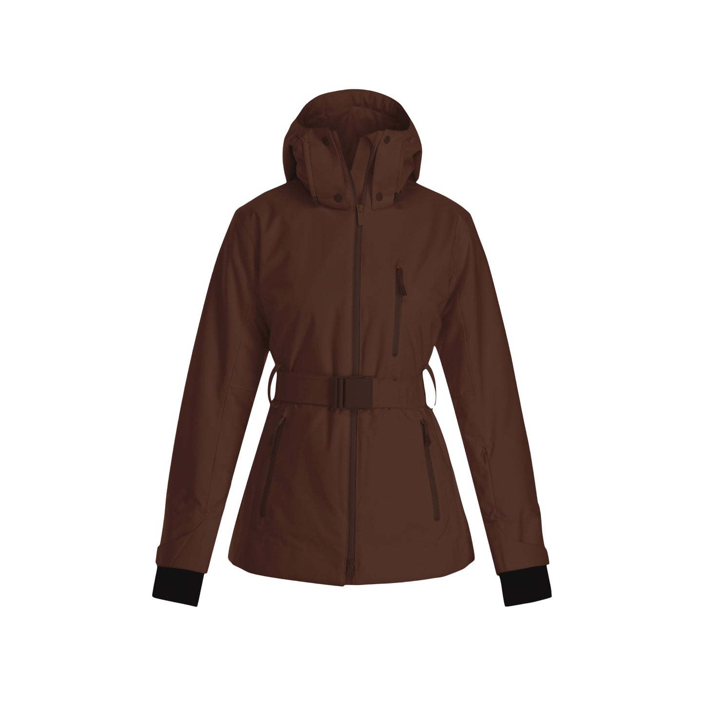 The Aston Jacket by Halfdays is a performance-driven brown hooded jacket featuring a front zipper, belted waist, and multiple pockets, ideal for mountain adventures. It is displayed on a plain white background.