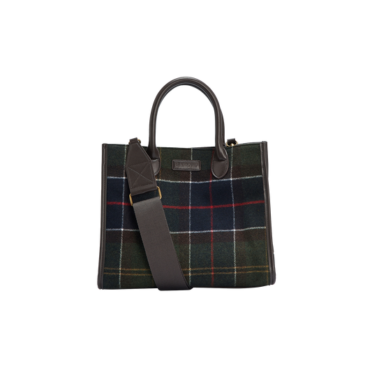 The Barrhill Tartan Tote Bag by Barbour is a plaid handbag with two handles and a detachable shoulder strap. Showcasing its tartan design, the bag features intersecting lines in various colors set against a dark background, echoing its Scottish roots.