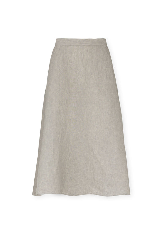 The Grey Bea Skirt from Aiayu is a long, light grey A-line skirt crafted from European linen. It features a fitted waist and gracefully flows outward to a wide hem.