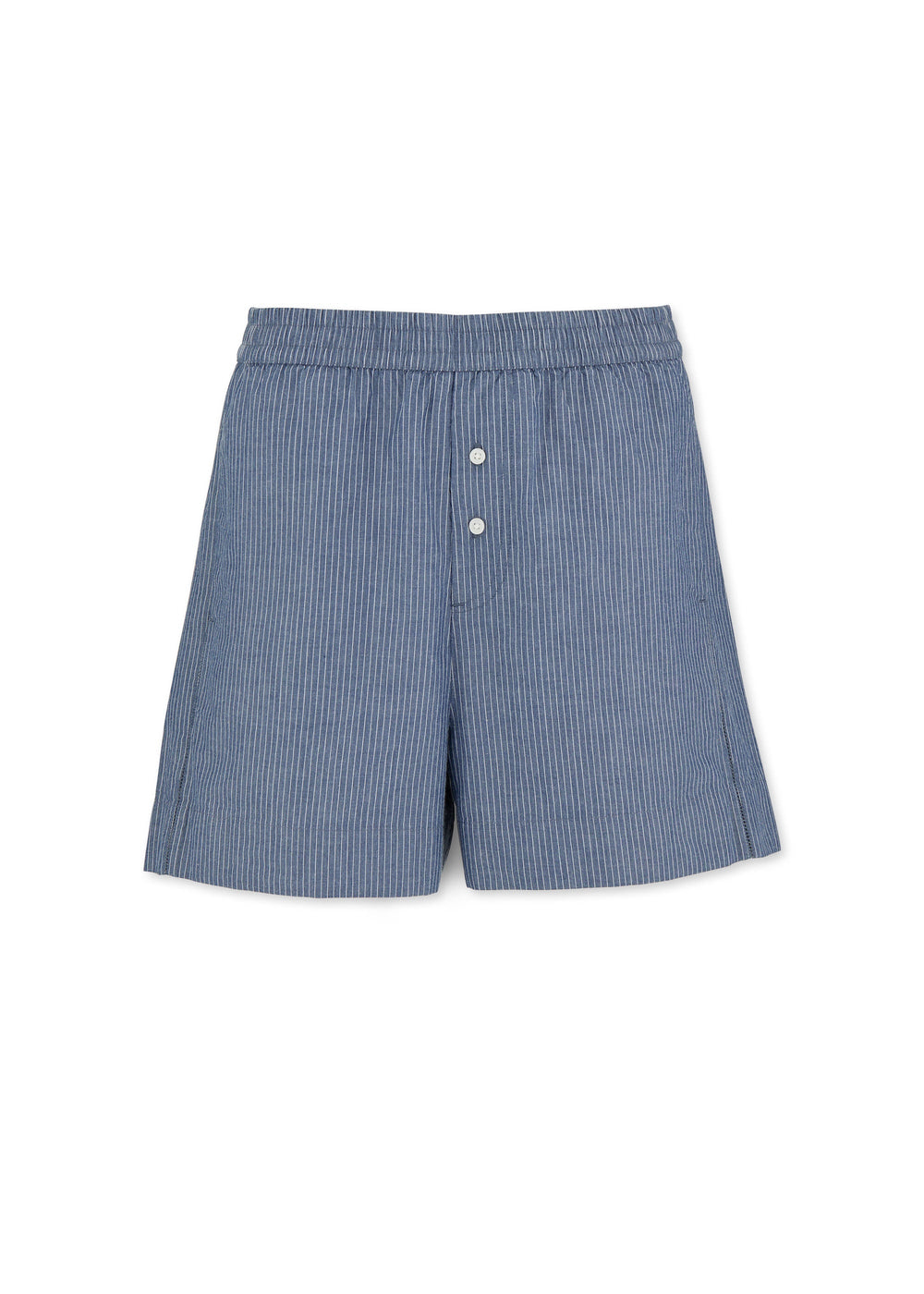 The Letto Casual Shorts by Aiayu feature blue and white stripes, crafted from Chetna Cotton, and include an elastic waistband paired with two front buttons.