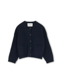 The Cobe Cardigan by Aiayu, a navy blue button-up style featuring front pockets, is displayed against a plain white background.