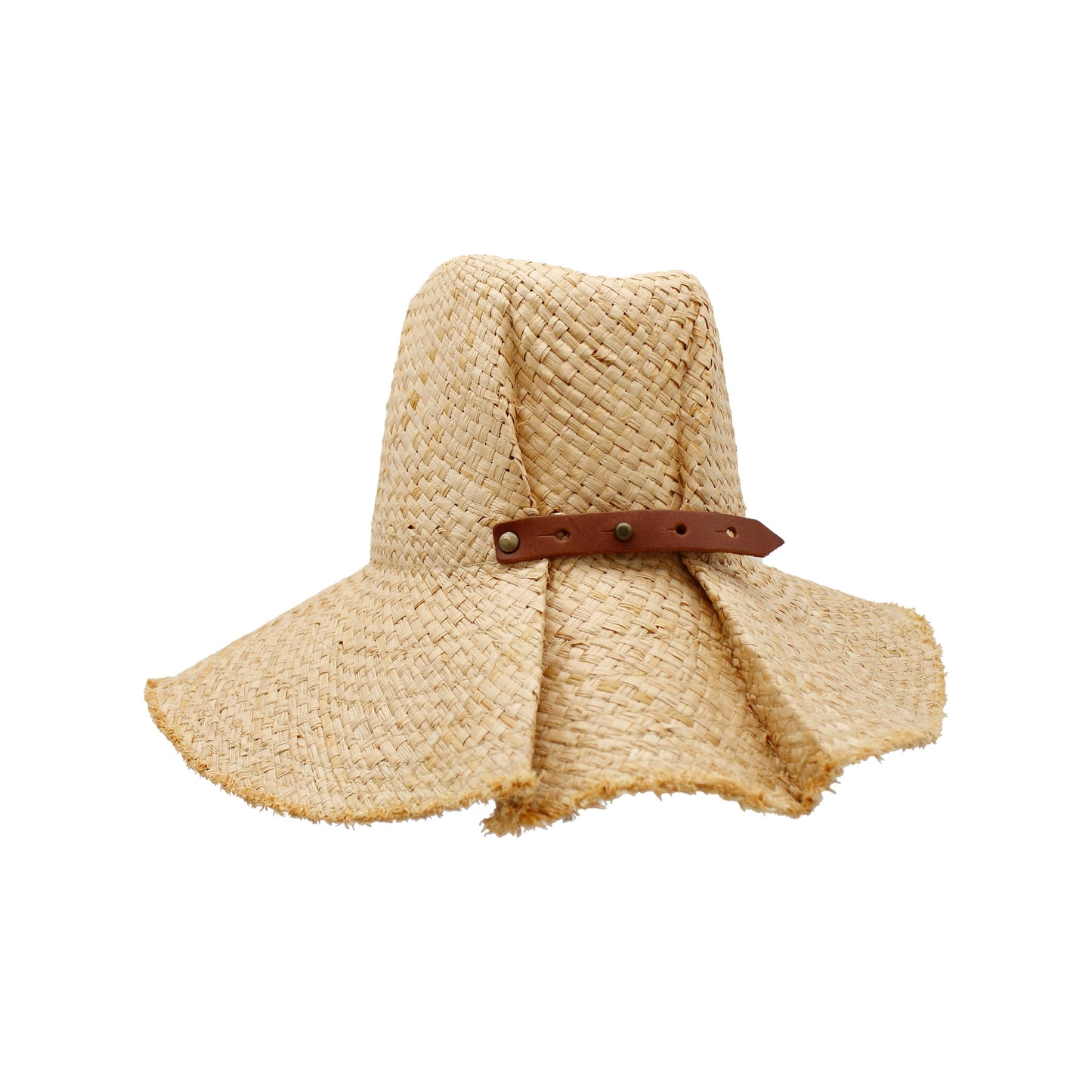 Medium-brimmed straw hat with a brown leather band, isolated on a white background by Lola Hats' Commando Natural.