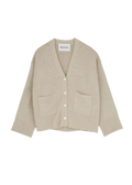 The Cora Cardigan by Aiayu is a beige, V-neck, button-up sweater featuring long sleeves, two front pockets, and ribbed cuffs.