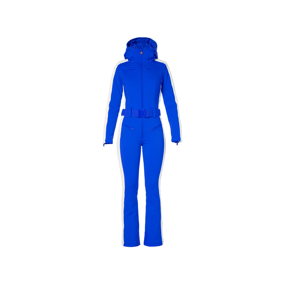 Goldbergh Coureur Ski Suit in Dazzling Blue, featuring a hood, front zipper, and belt.