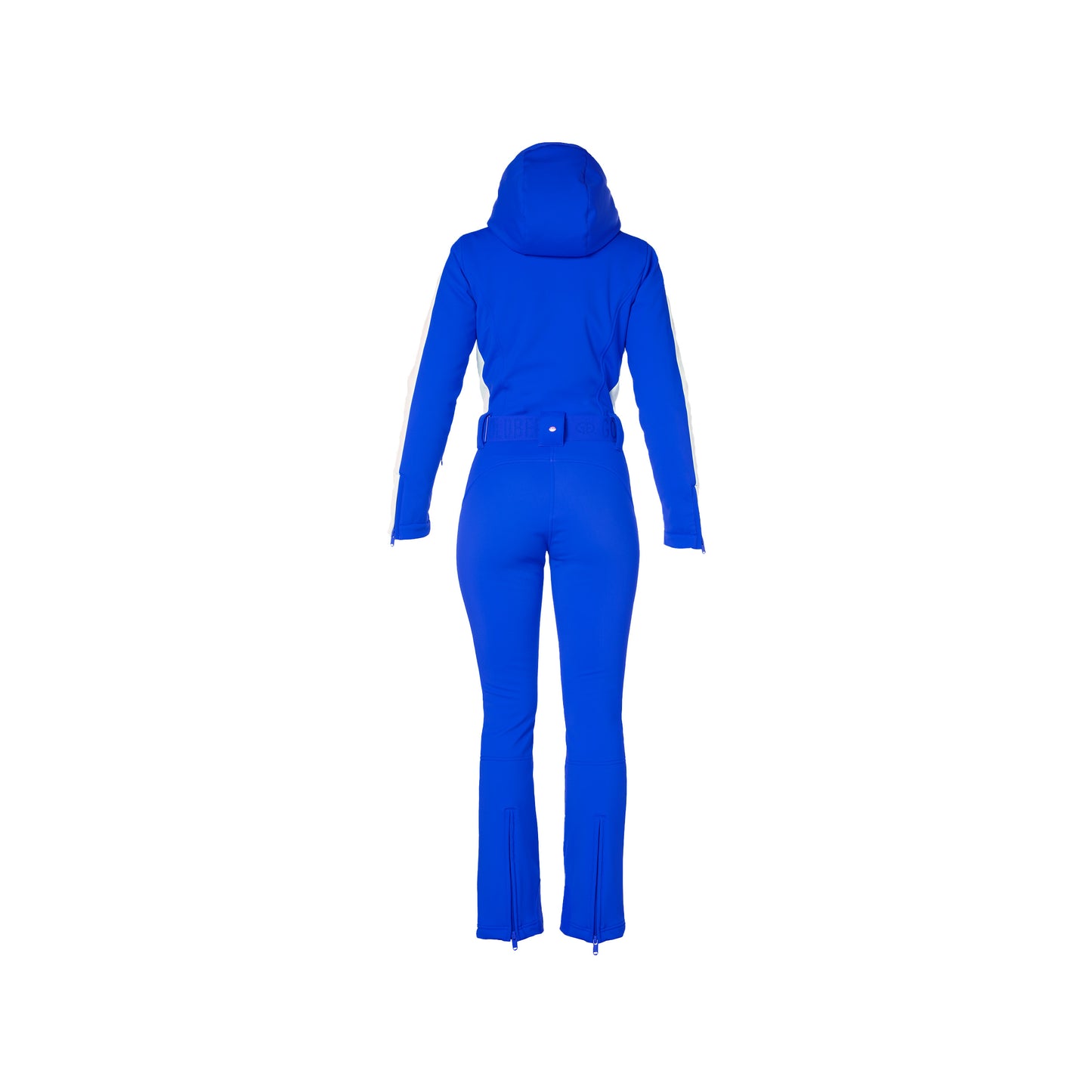 A person is shown from the back wearing the Coureur Ski Suit by Goldbergh in Dazzling Blue, featuring zippered pants and a belt.