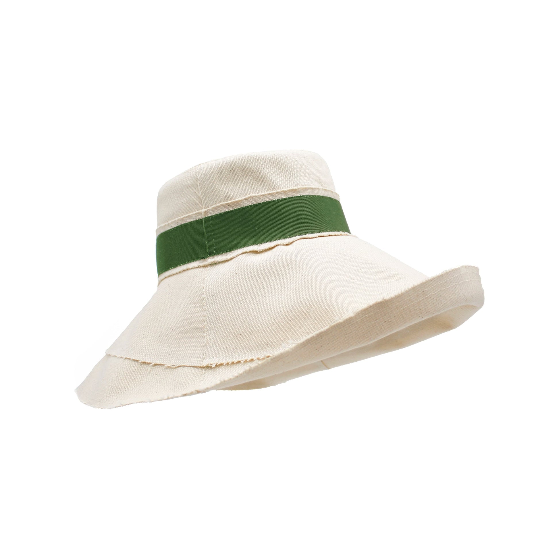 A beige wide-brimmed hat with a green band around the base of the crown, perfect for sun protection and flexible packing, is the Dia, Natural / Grass from Lola Hats.