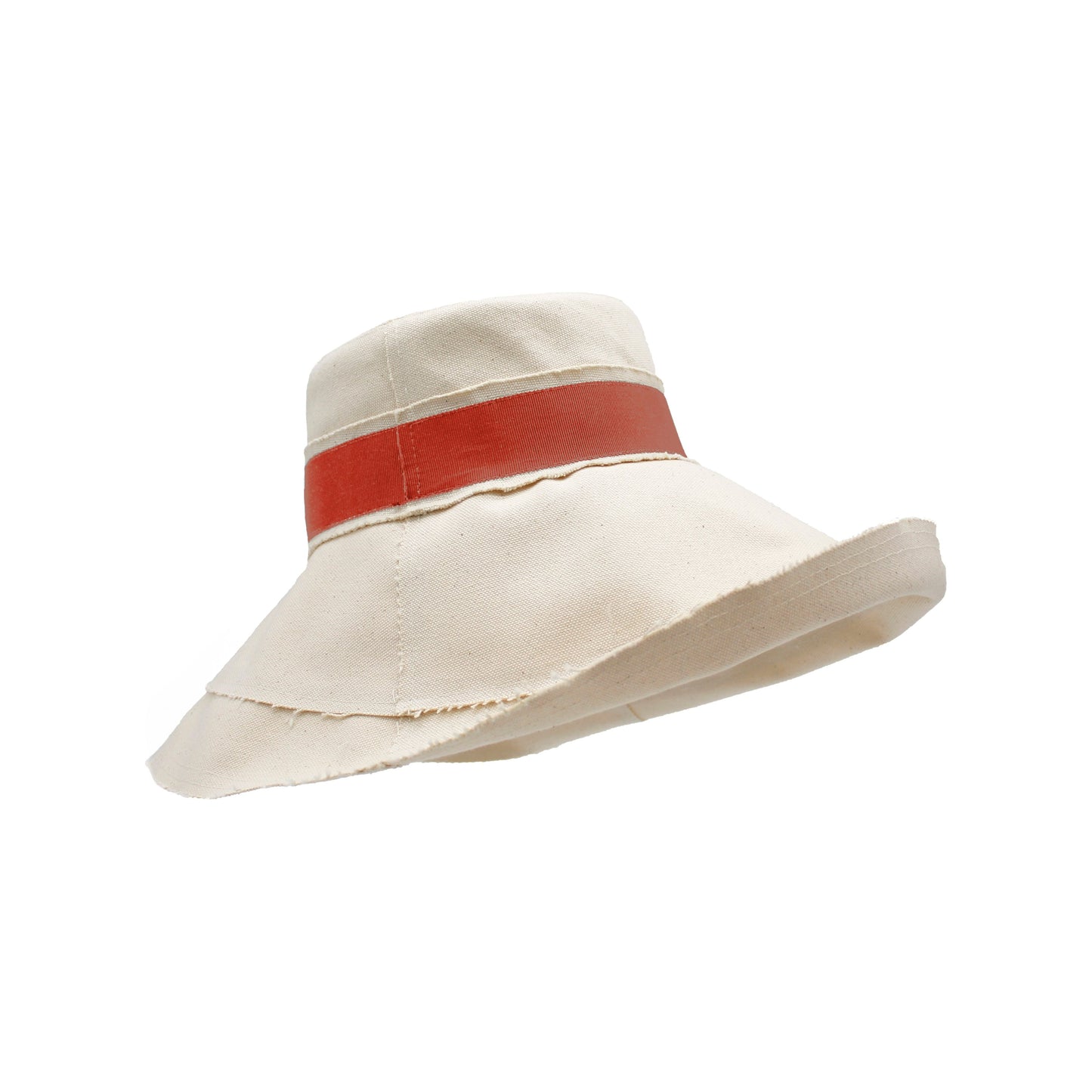White Dia, Natural / Terracotta canvas hat with a red band isolated on a white background by Lola Hats.