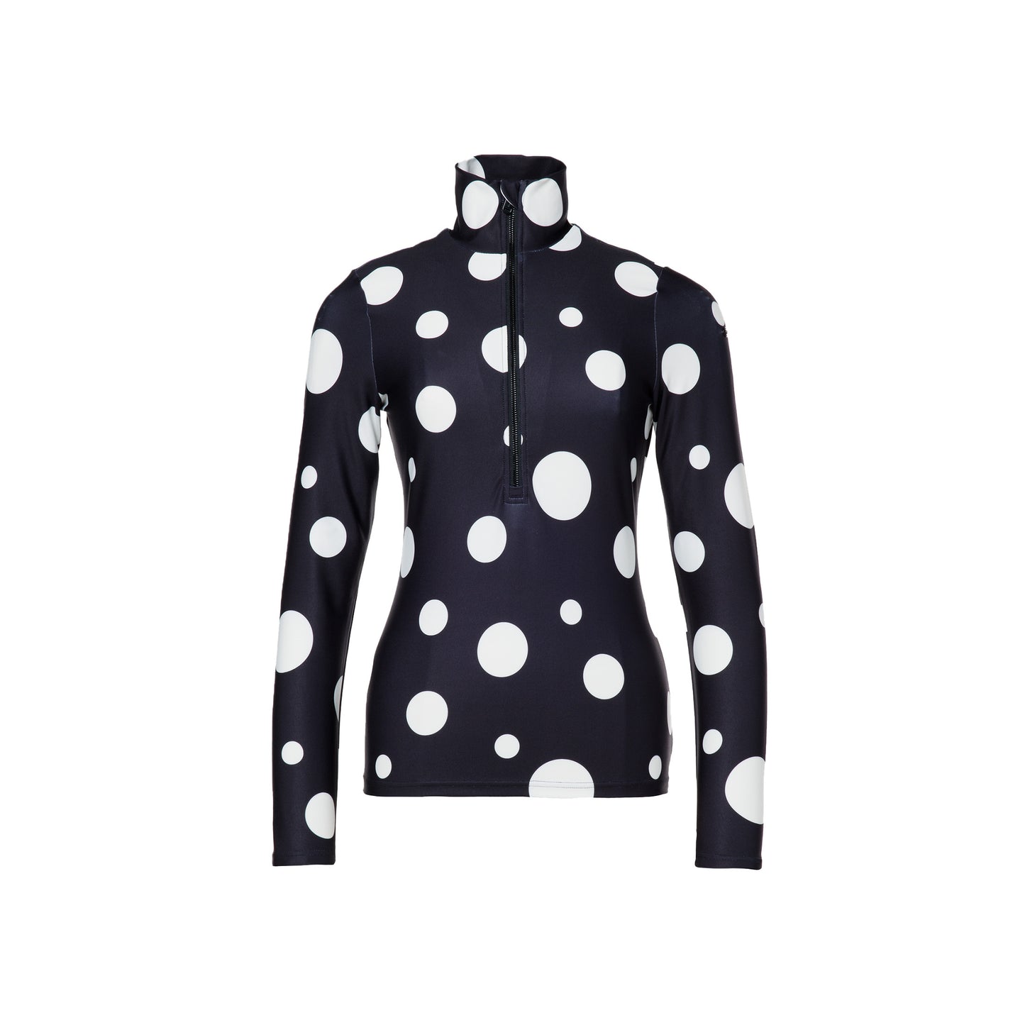 Introducing the Goldbergh Dottie Ski Pully in Dot Black—a stylish long-sleeve shirt featuring a black base adorned with a white polka dot pattern and designed with a practical zip-up collar.