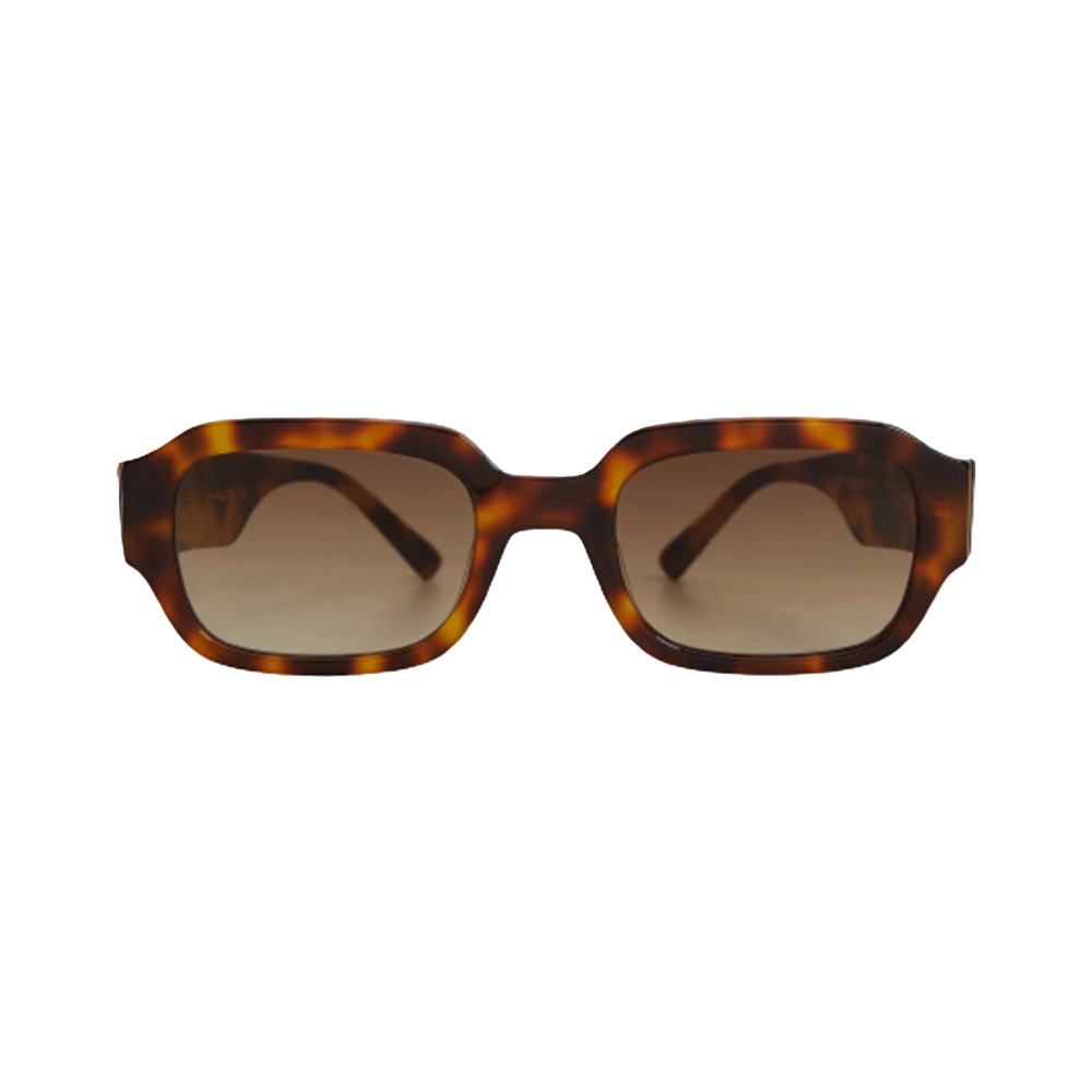 The Downey sunglasses by Messyweekend feature a unisex tortoise-shell rectangular design with brown lenses, crafted from an elegant acetate frame, and displayed against a black backdrop. These sunglasses ensure optimal eye safety with UV400 protection.