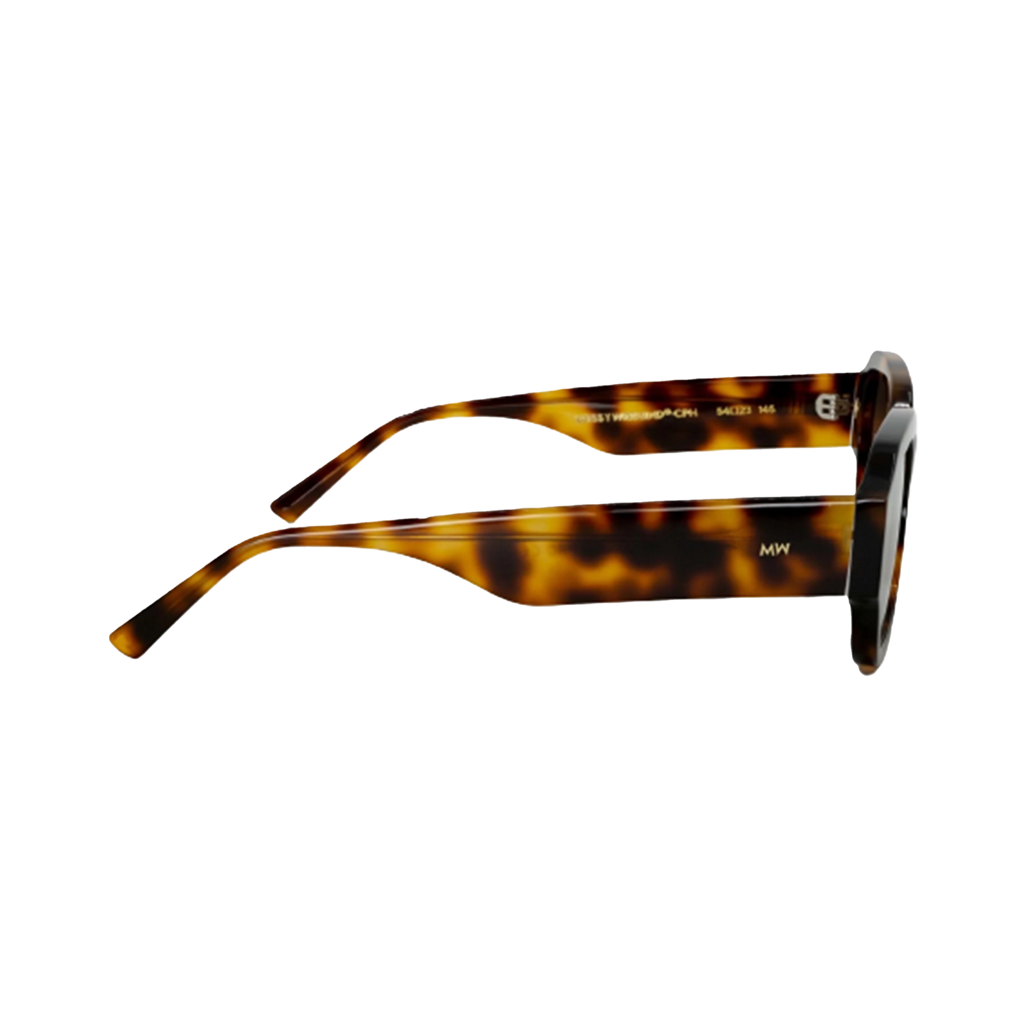 Side view of Downey, Tortoise/Brown eyeglasses with an elegant acetate frame, featuring the Messyweekend brand name and sizing details on the inner arms.