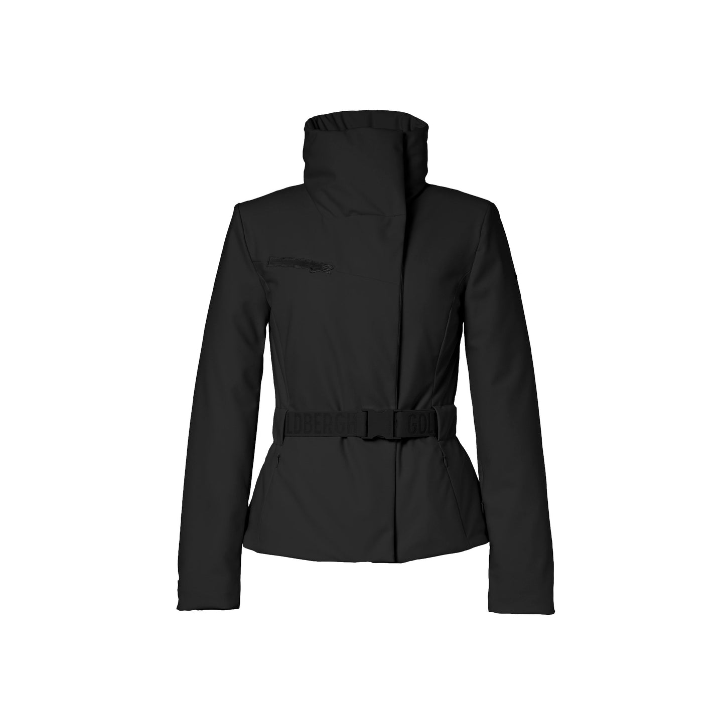 Goldbergh's Elegante Ski Jacket in black features a high collar, asymmetrical zipper, and a belted design.