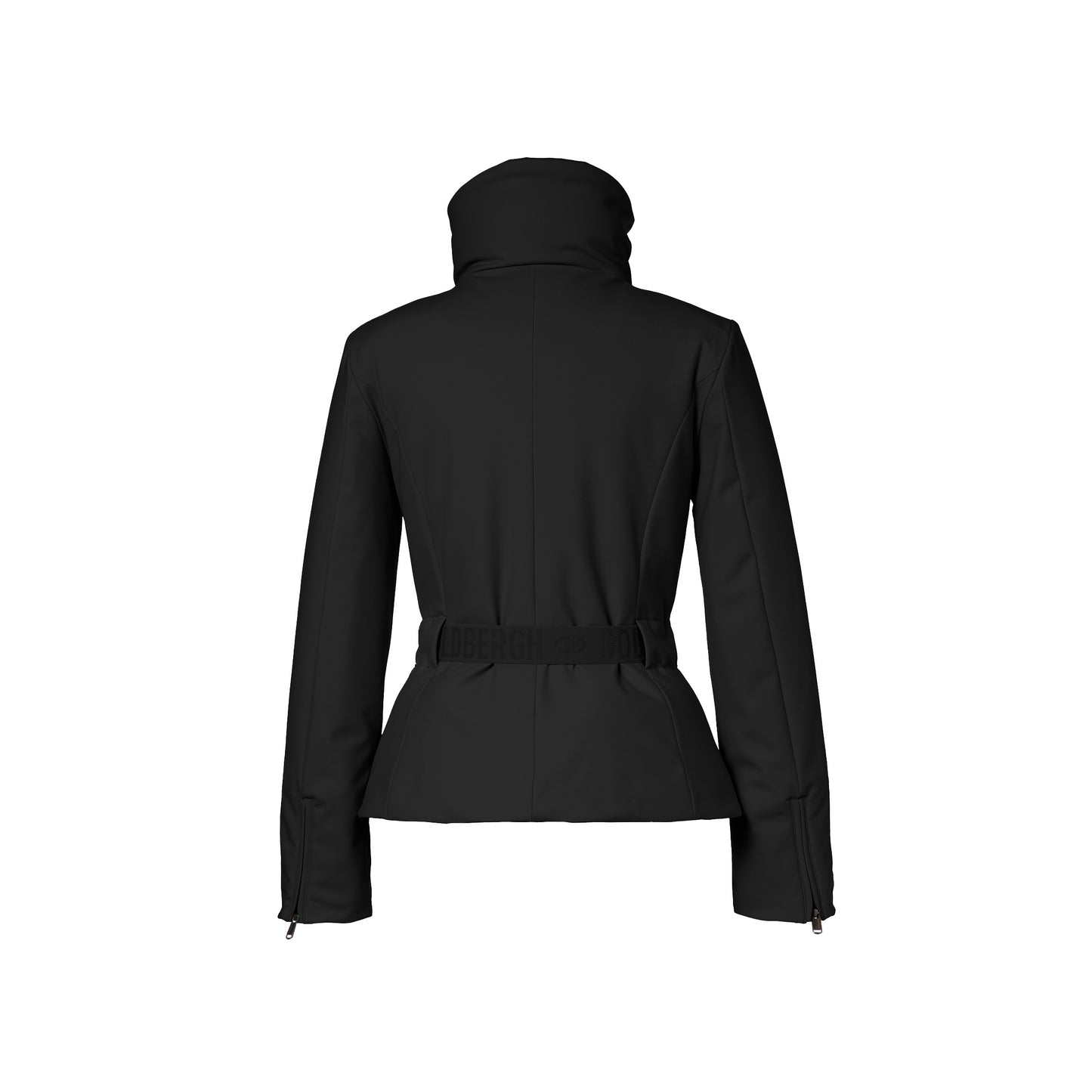 The Elegante Ski Jacket in black by Goldbergh showcases a back view with a high collar, a belted waist, and long sleeves.