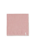 A hand-loomed Familia Scarf from Aiayu, featuring a red and white checkered pattern and a small white tag on the bottom edge.