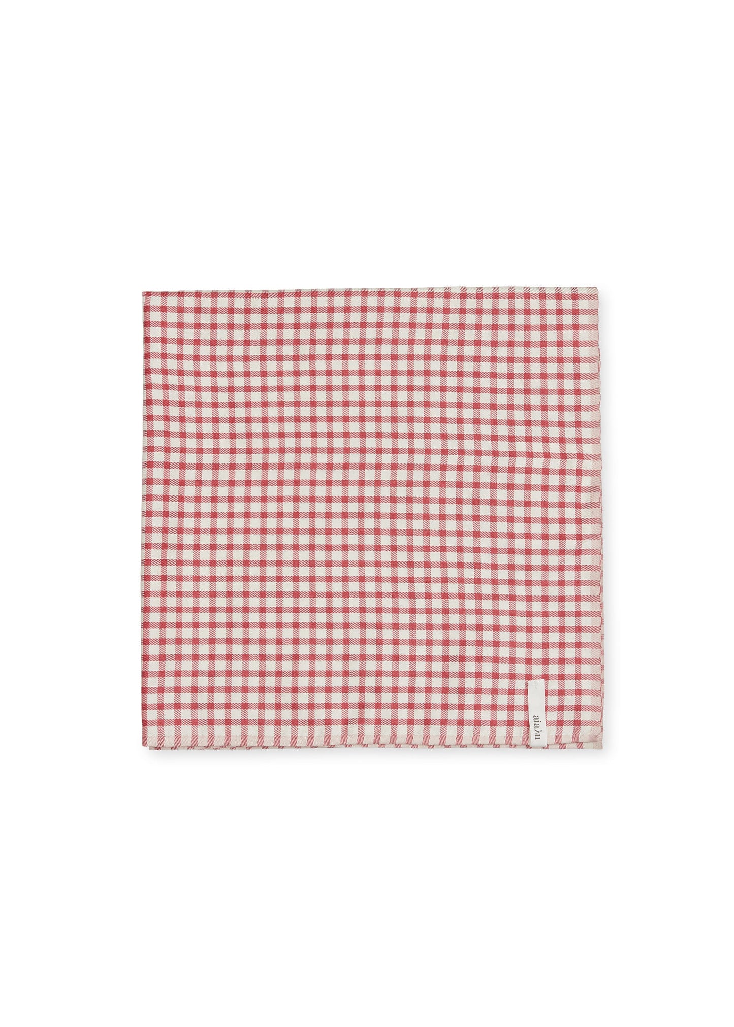 A hand-loomed Familia Scarf from Aiayu, featuring a red and white checkered pattern and a small white tag on the bottom edge.