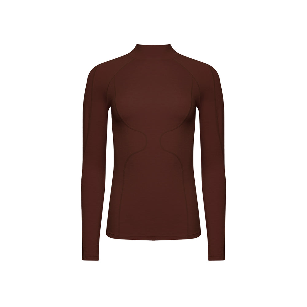 The Fay Merino Top by Halfdays is a long-sleeve, fitted merino wool top in dark brown, featuring a high neck and subtle seam detailing, set against a plain white background.