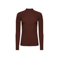 The Fay Merino Top by Halfdays is a long-sleeve, fitted merino wool top in dark brown, featuring a high neck and subtle seam detailing, set against a plain white background.