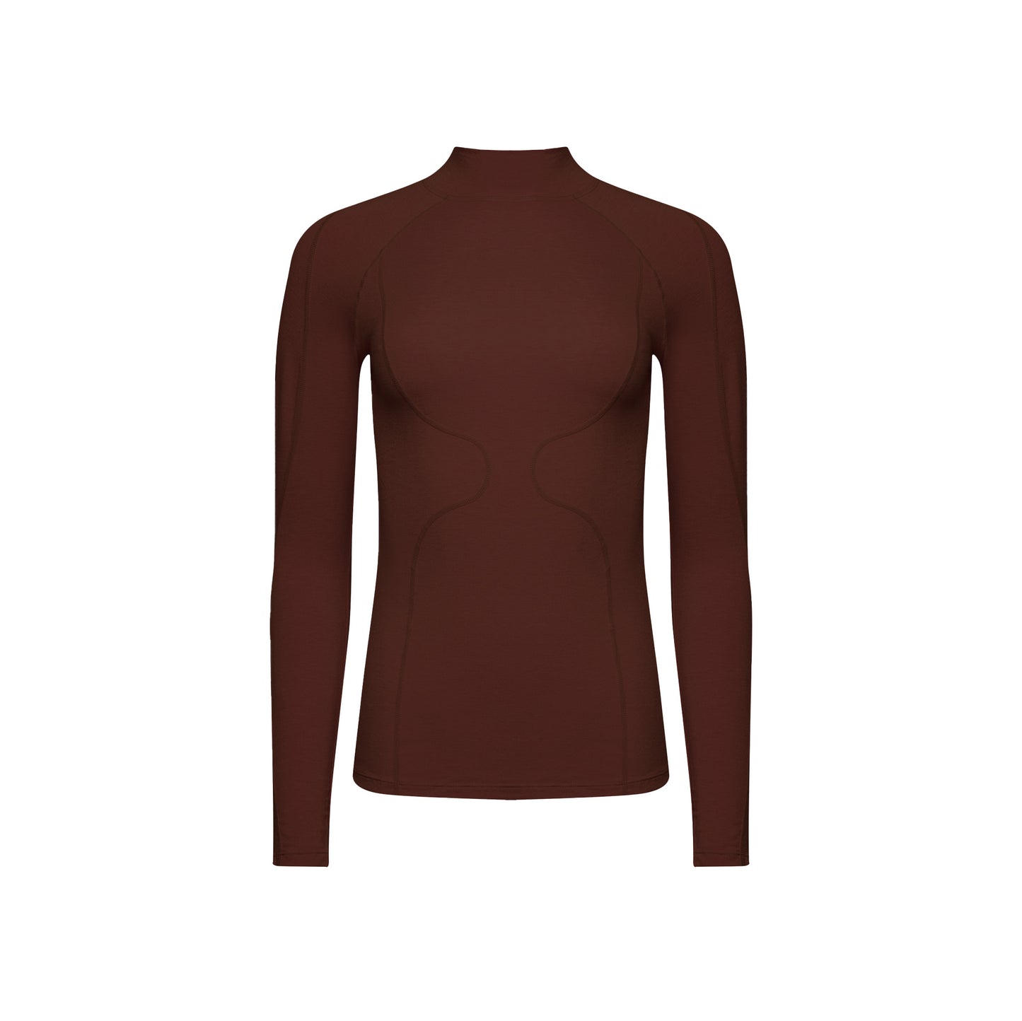 The Fay Merino Top by Halfdays is a long-sleeve, fitted merino wool top in dark brown, featuring a high neck and subtle seam detailing, set against a plain white background.