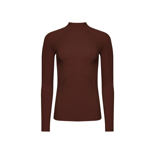 The Fay Merino Top by Halfdays is a long-sleeve, fitted merino wool top in dark brown, featuring a high neck and subtle seam detailing, set against a plain white background.