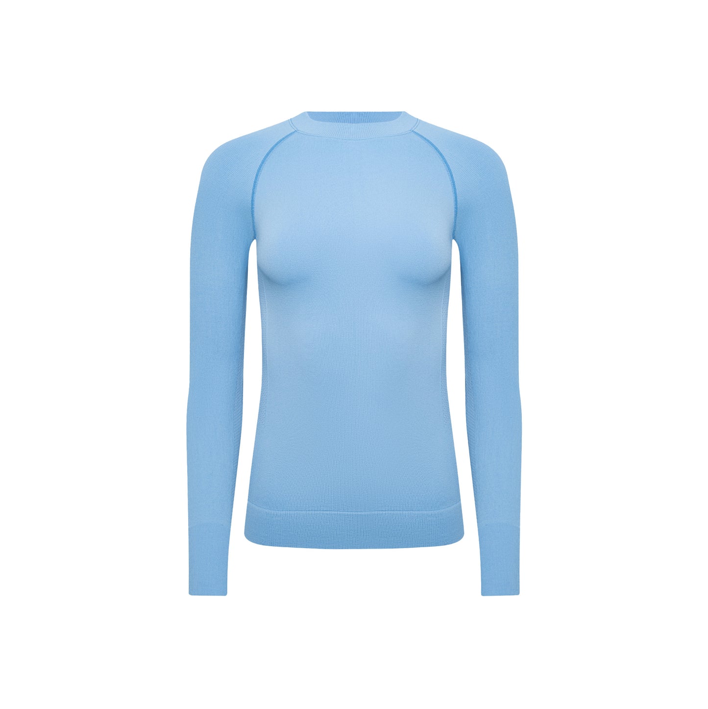 The Halfdays Johnson Top is a light blue, long-sleeve, form-fitting sweater crafted as a nylon seamless base layer, ideal for an active outdoor fit against a white background.