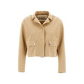 The Herno W Scuba Short Jacket in camel is crafted from Sensitive® Fabrics, featuring a collar, button closure, and two front patch pockets for stylish practicality.