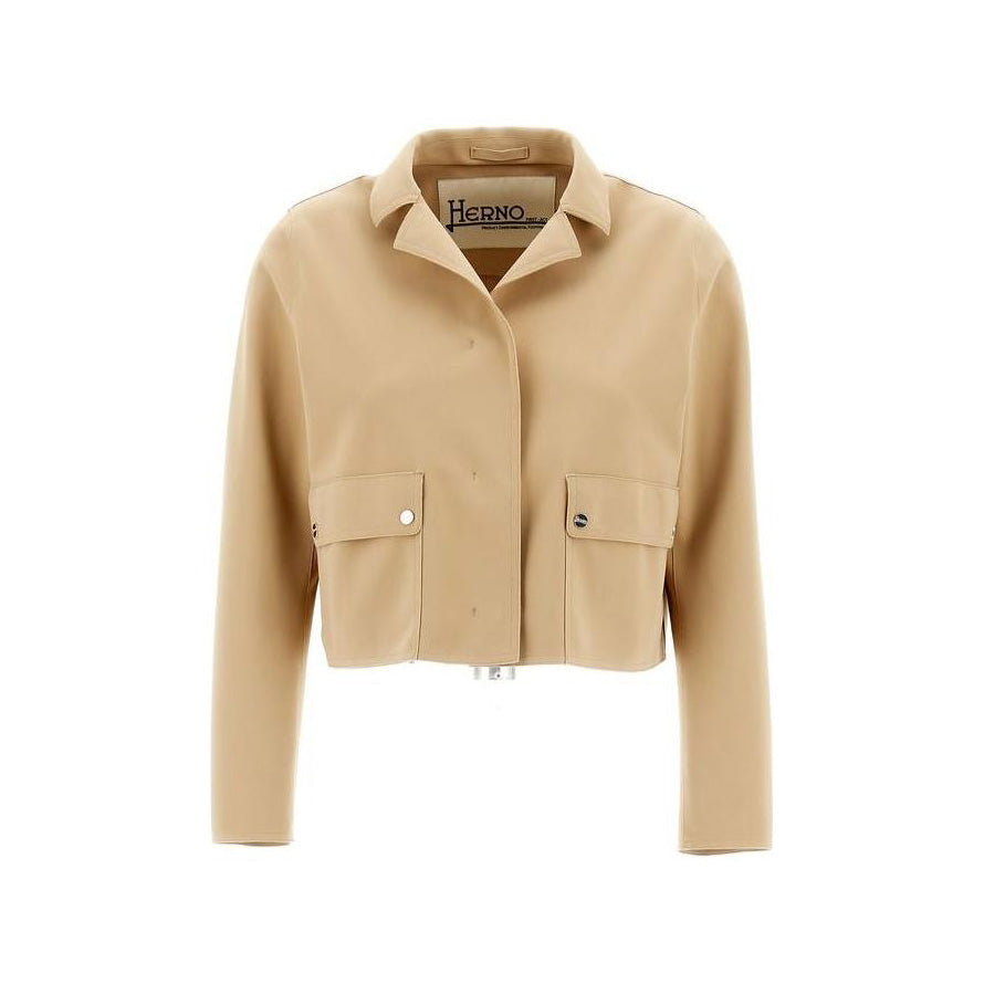 The Herno W Scuba Short Jacket in camel is crafted from Sensitive® Fabrics, featuring a collar, button closure, and two front patch pockets for stylish practicality.