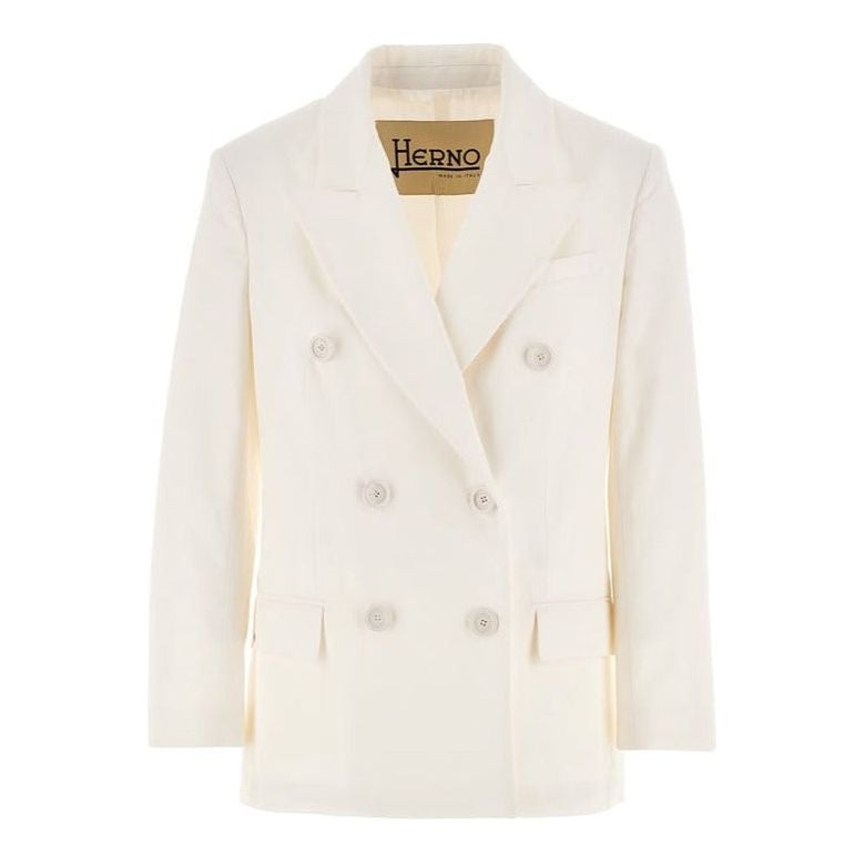 White double-breasted blazer with a notched lapel and six buttons, featuring two front flap pockets and a single chest pocket. The label inside reads "Herno." This tailored W Light Linen DB Blazer, Bianco is crafted from a premium linen-cotton blend for ultimate comfort and style.