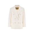 The Herno W Light Linen DB Blazer in Bianco is a cream-colored, double-breasted blazer with six buttons and a notched lapel, designed for a feminine fit.