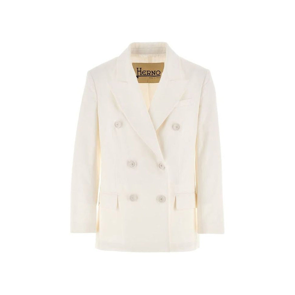 The Herno W Light Linen DB Blazer in Bianco is a cream-colored, double-breasted blazer with six buttons and a notched lapel, designed for a feminine fit.