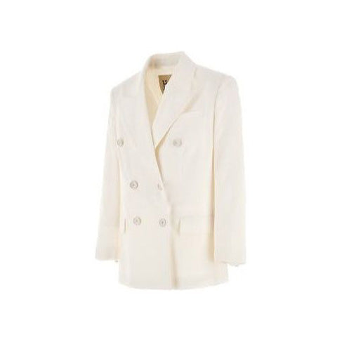 The Herno W Light Linen DB Blazer in Bianco offers a white, feminine fit with a double-breasted design, six buttons, and notched lapel.