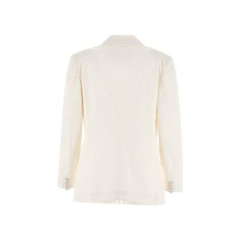 The Herno W Light Linen DB Blazer in Bianco showcases a feminine fit from the back, featuring long sleeves and two buttons on each cuff.