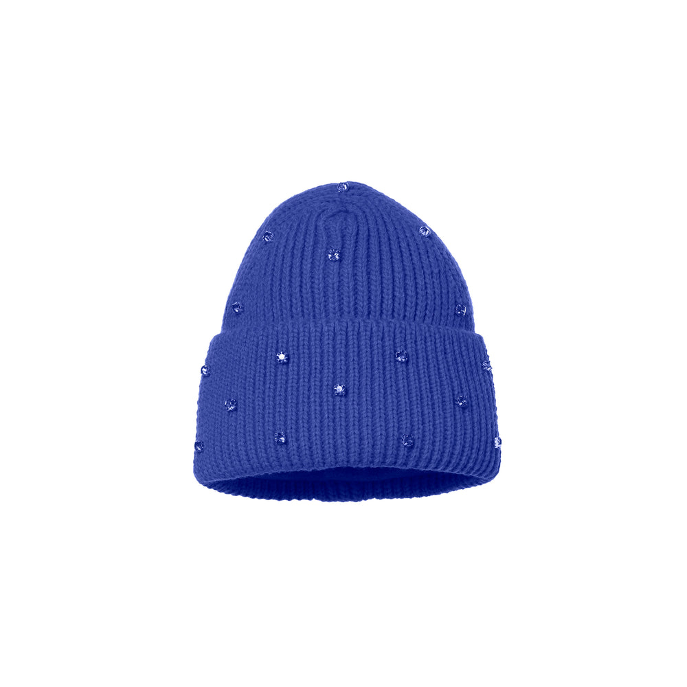 The Dream Beanie in Dazzling Blue by Goldbergh, adorned with small decorative gemstones, is a cozy winter essential.