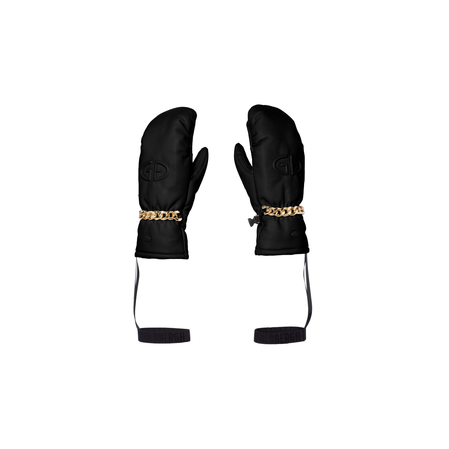 Kendall Mittens in black by Goldbergh, featuring golden chain detail and wrist straps.