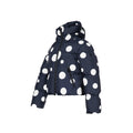 A front view of the Grand Ski Jacket, Dot Black by Goldbergh, featuring a navy blue puffer design with large white polka dots and a hood.