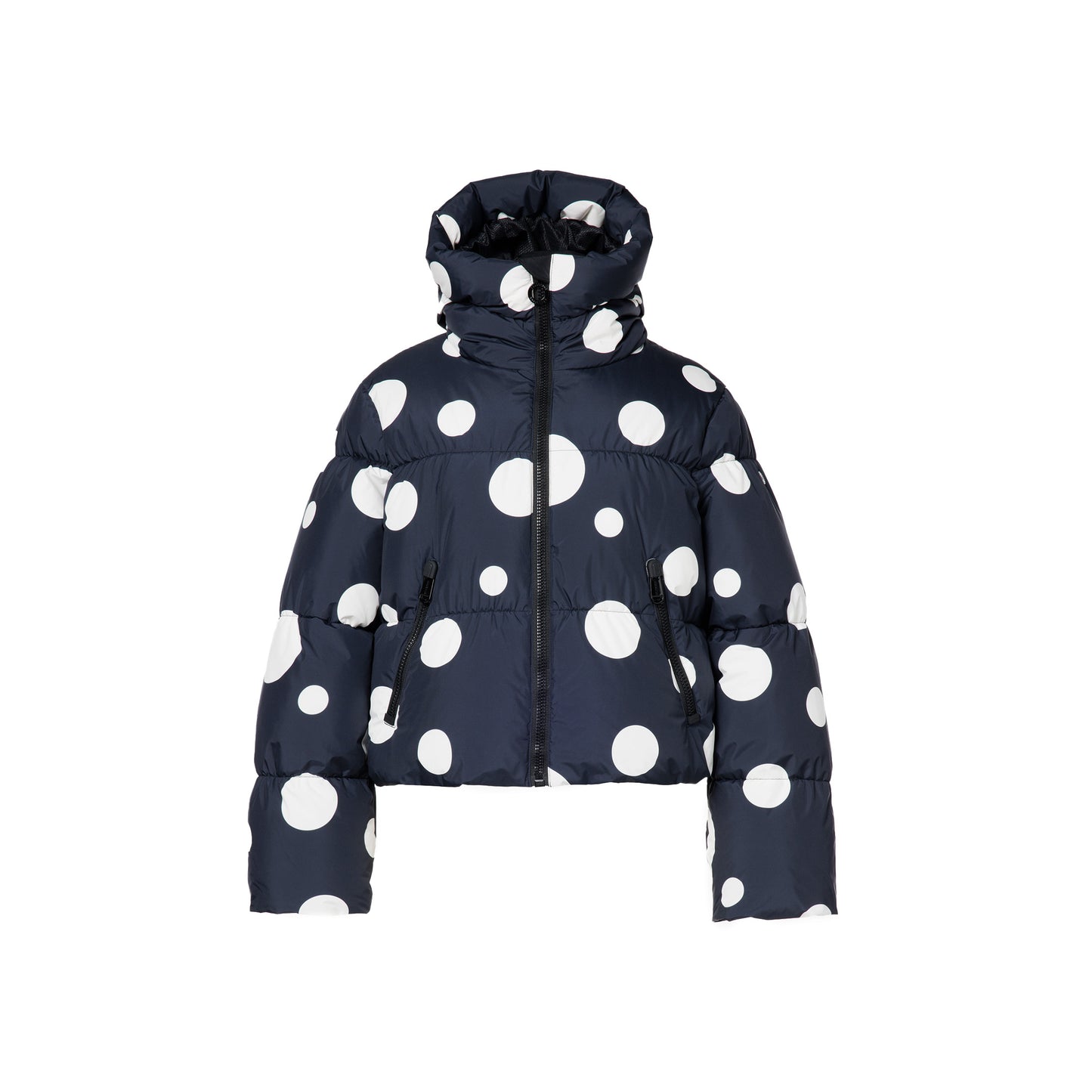 Goldbergh's Grand Ski Jacket in Dot Black is a navy blue puffer with large white polka dots, featuring a high collar and front zipper.