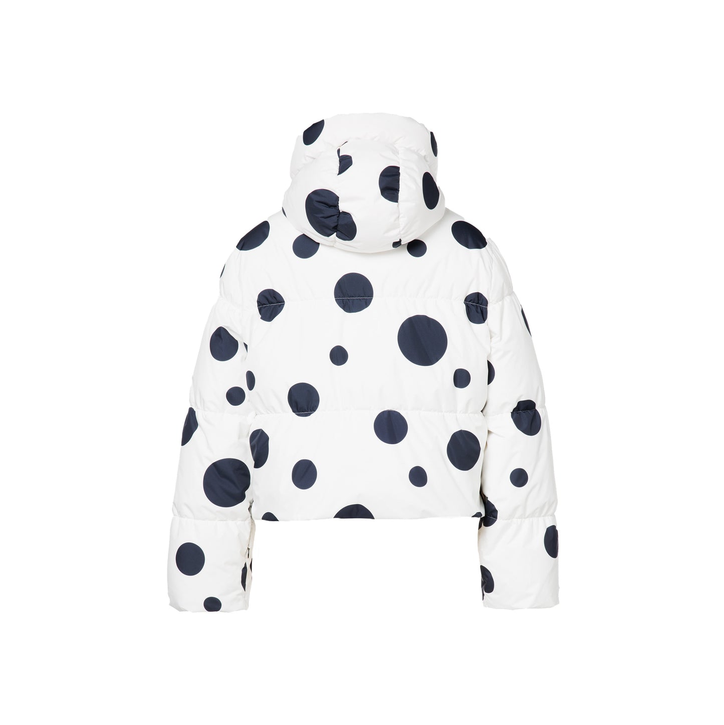 Grand Ski Jacket, Dot Cream by Goldbergh, featuring a white hood with large black polka dots, shown from the back.