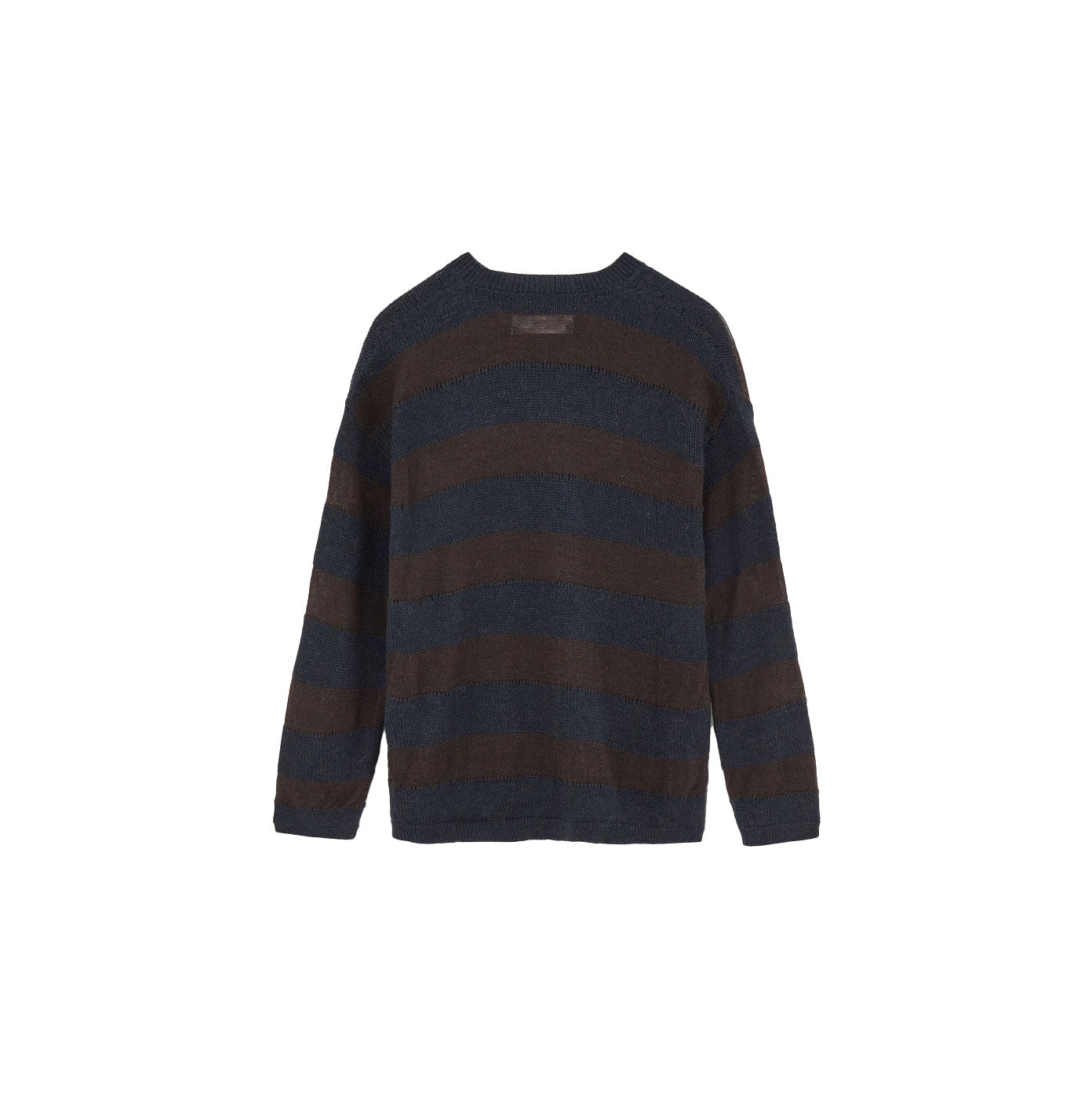 The Haldis Wool Sweater by Aiayu features long sleeves and dark blue and brown horizontal stripes, showcased on a white background.